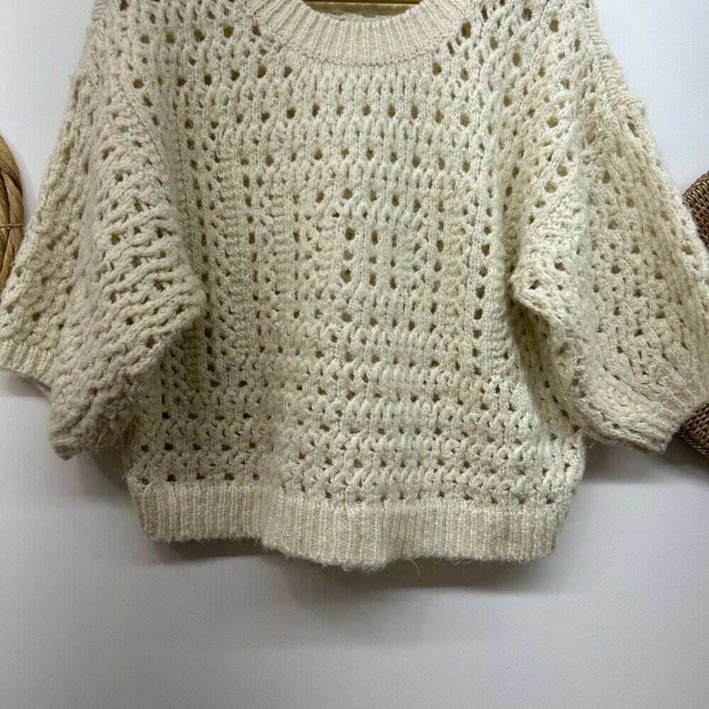 Zara Cream Neutral Boho Oversized Crochet Knit Half Sleeve Sweater Top Medium - Picture 5 of 7